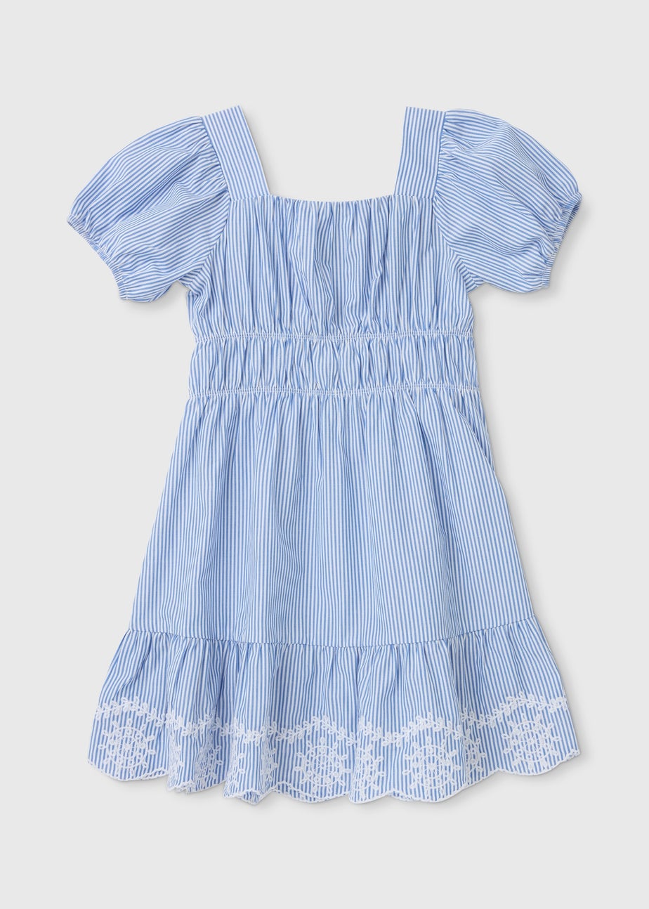 Girls Blue Stripe Embroidered Dress (7-13)
