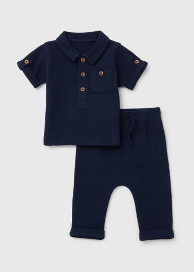 Baby Navy Preppy Boy Waffle Polo Set (Newborn- 23mths)