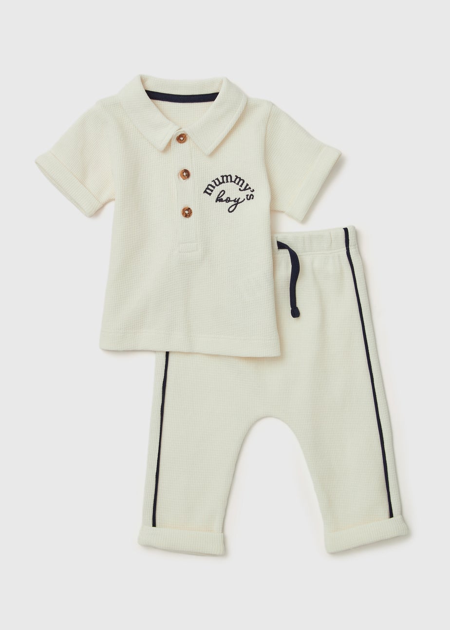Boys Cream Mummy's Boy Waffle Polo Set (Newborn-23mths)