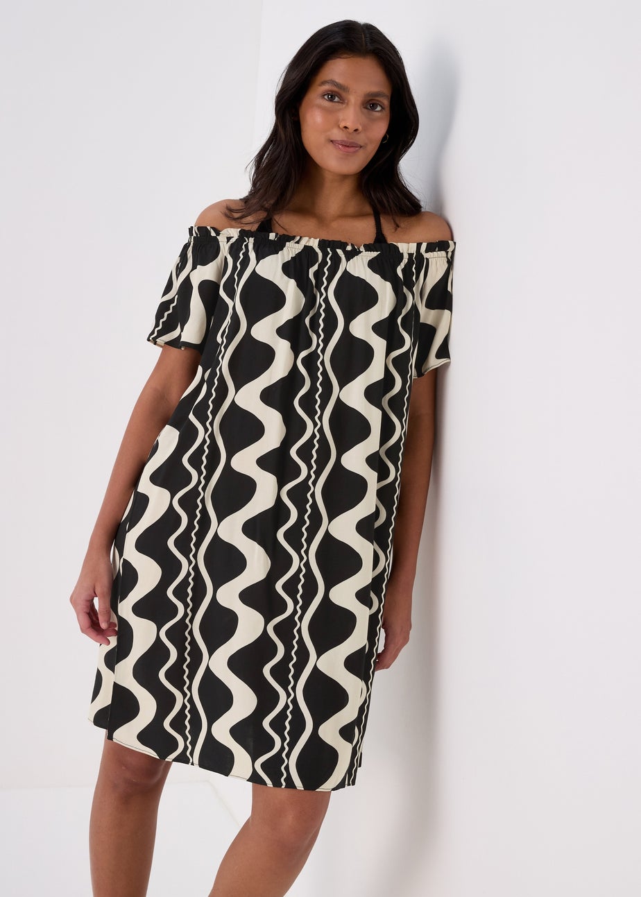 Black Mono Swirl Barbot Viscose Mini Dress
