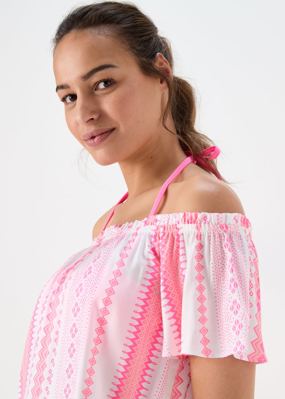 Pink Jacquard Bardot Viscose Mini Dress