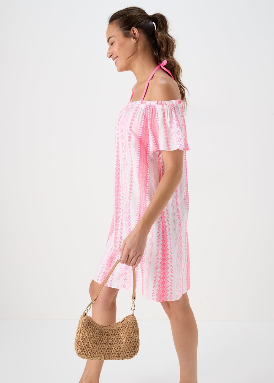 Pink Jacquard Bardot Viscose Mini Dress