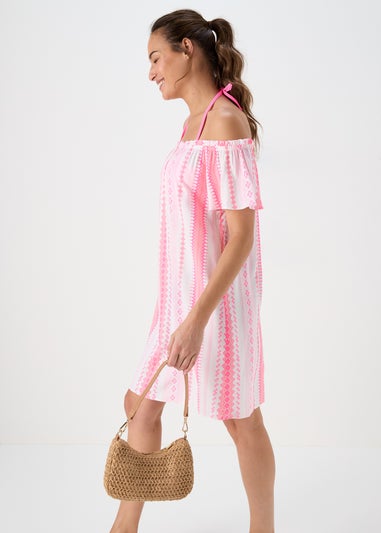 Pink Jacquard Bardot Viscose Mini Dress
