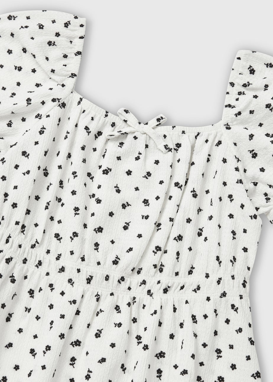 Girls White Mono Floral Crinkle Dress (7-13yrs)