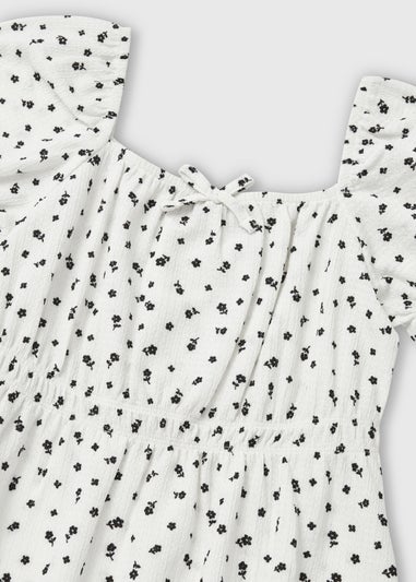 Girls White Mono Floral Crinkle Dress (7-13yrs)