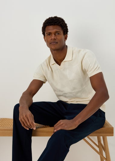 Ecru Notch Texture Knitted Polo Shirt