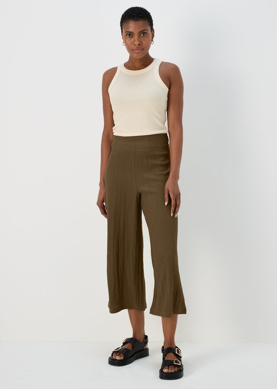 Khaki Textured Cropped Trousers
