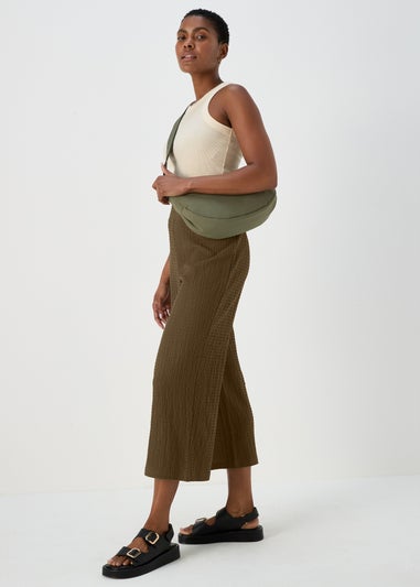 Khaki Textured Cropped Trousers