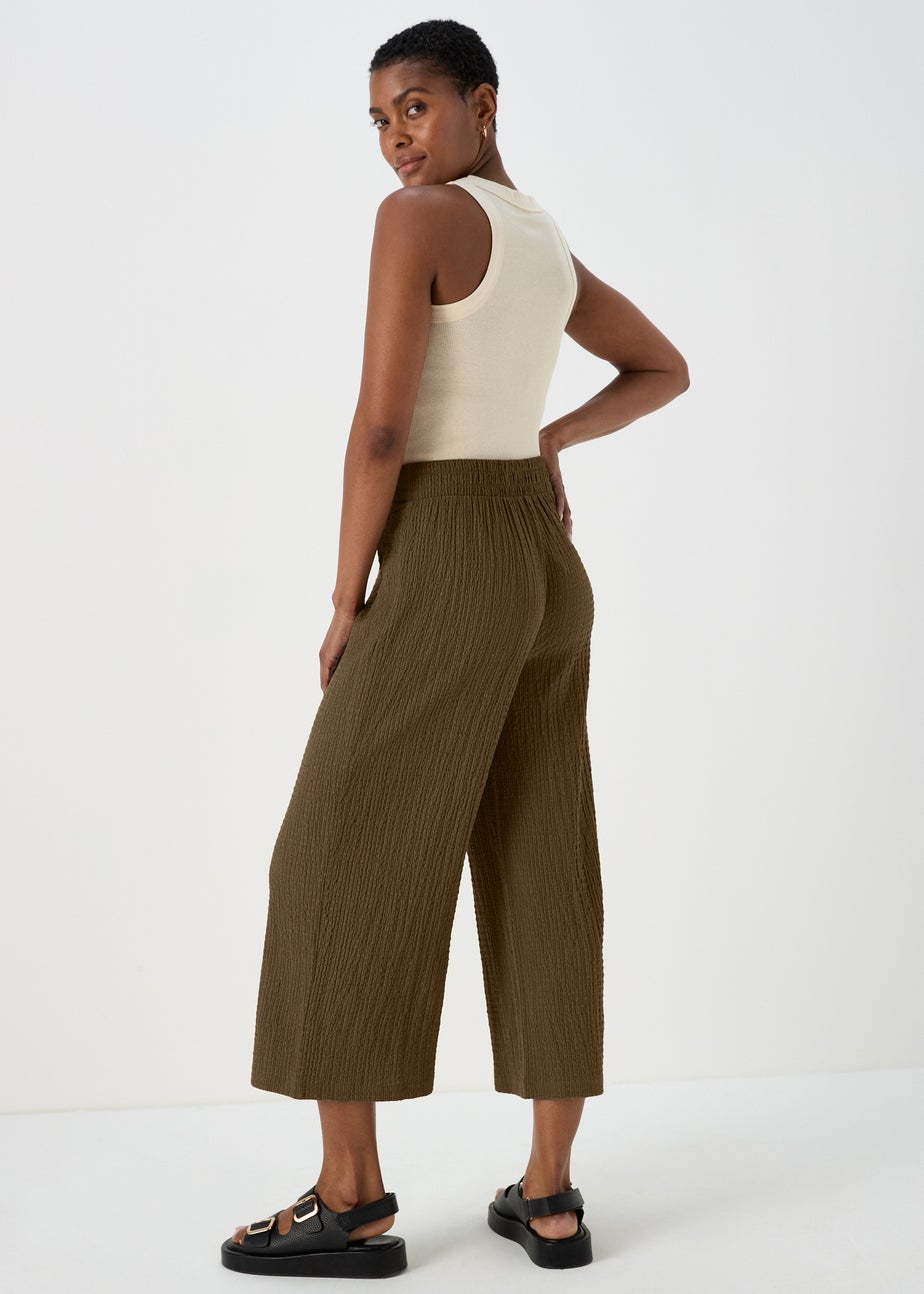 Khaki Textured Cropped Trousers