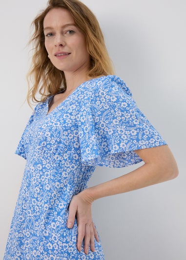 Blue Floral Viscose Midi Tea Dress