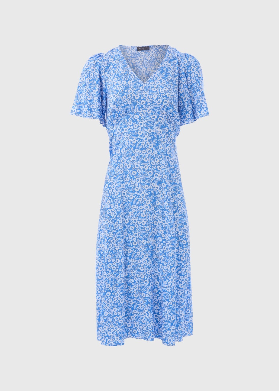 Blue Floral Viscose Midi Tea Dress
