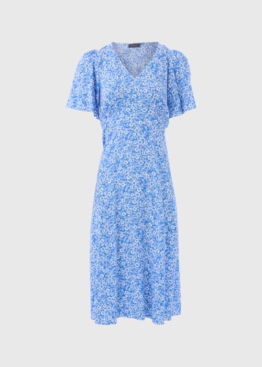 Blue Floral Viscose Midi Tea Dress