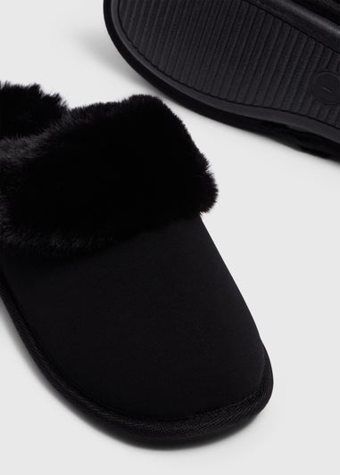 Black Fur Trim Mule Slippers