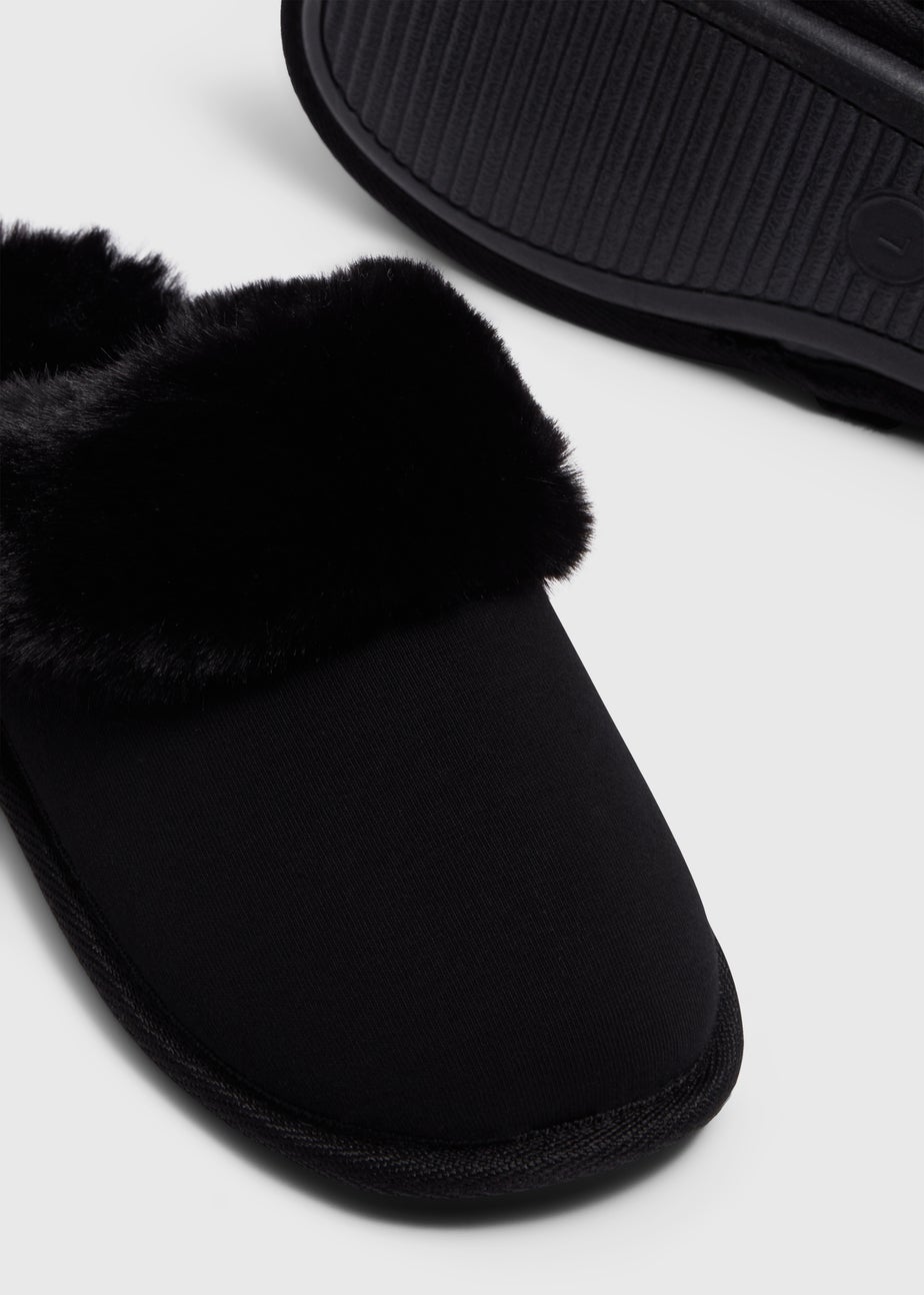 Black Fur Trim Mule Slippers