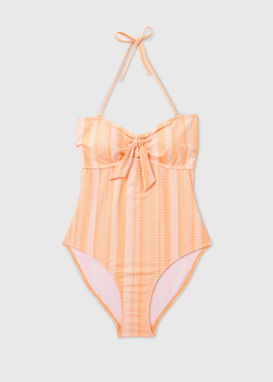 Orange Jacquard Tie Front Swimsuit