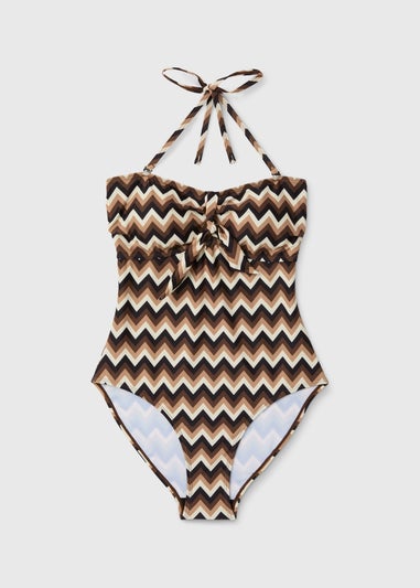 Mocha Tie Front Chevron Swimsuit