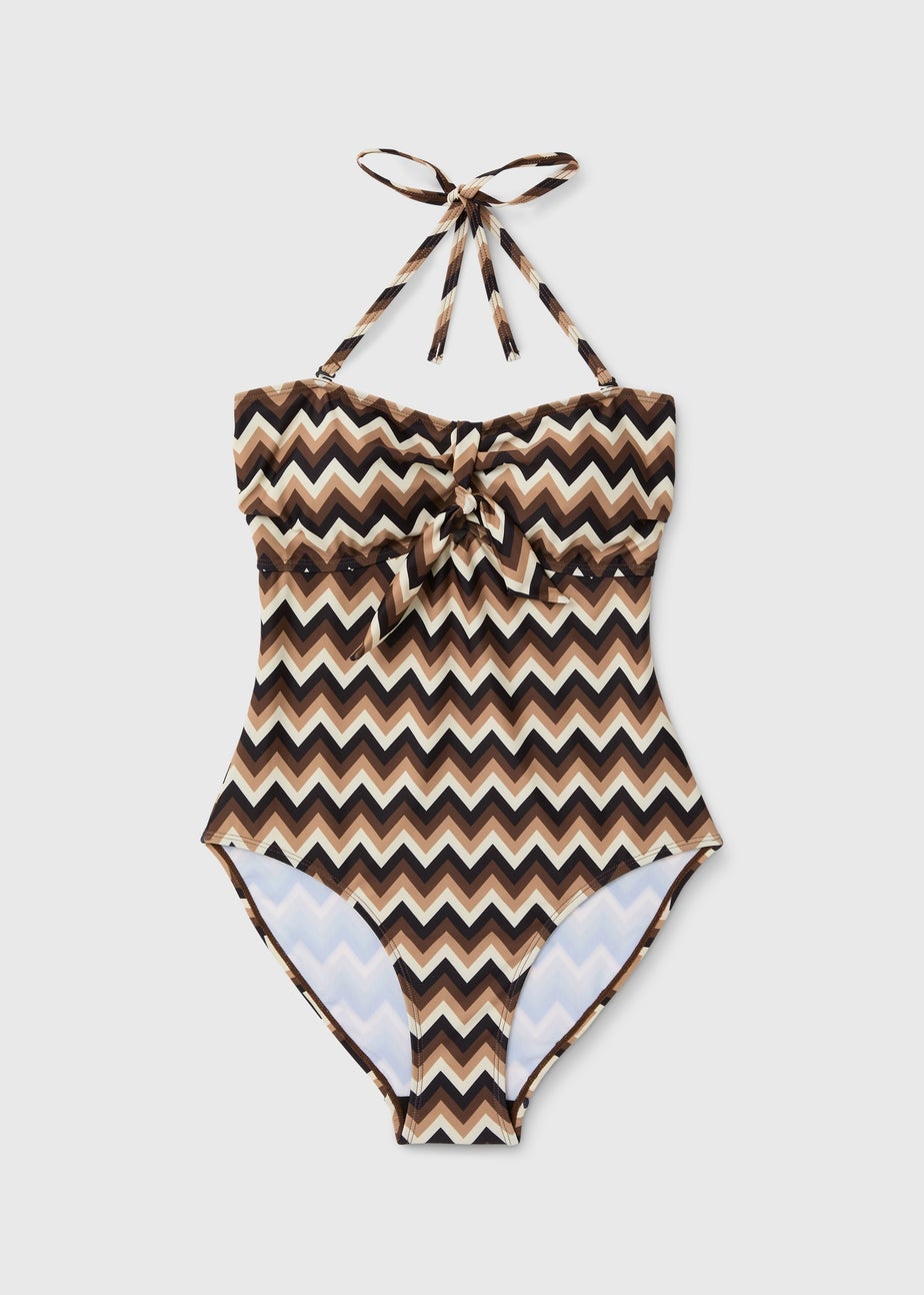 Mocha Tie Front Chevron Swimsuit