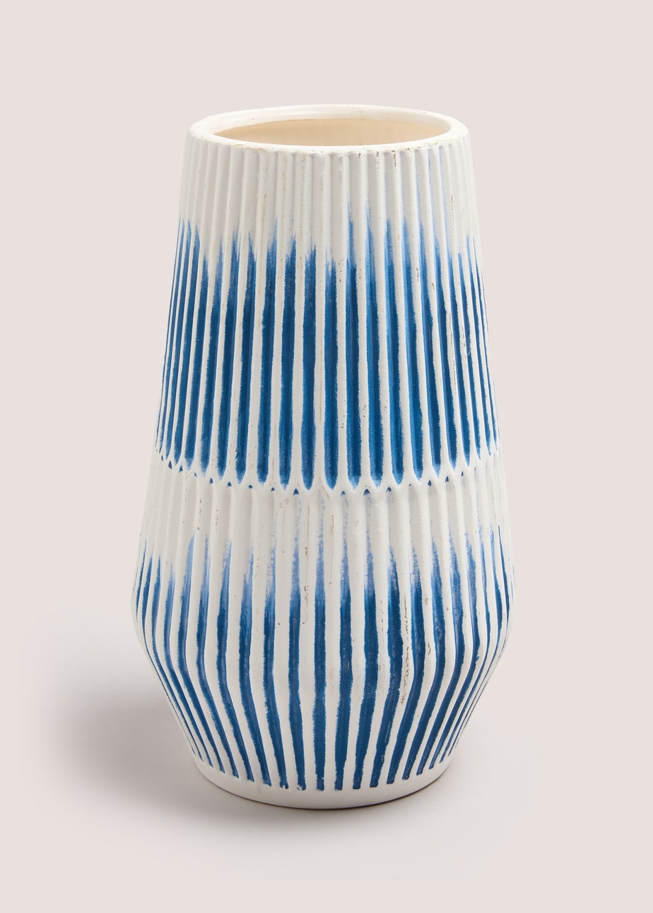 Blue Ribbed Ceramic Vase (26cm x 16cm x 16cm)