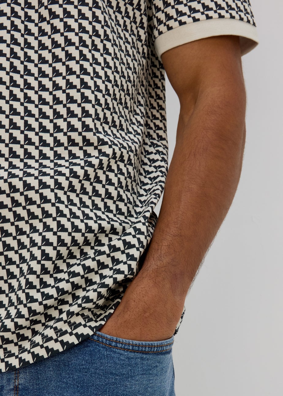 Ecru Stairs Grid Pattern Polo T-Shirt