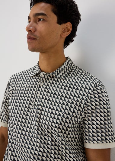 Ecru Stairs Grid Pattern Polo T-Shirt