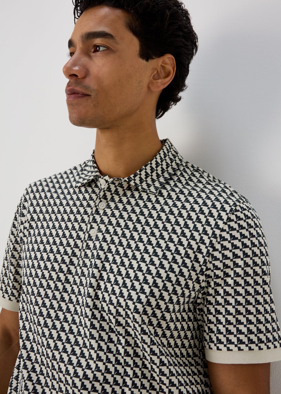 Ecru Stairs Grid Pattern Polo T-Shirt