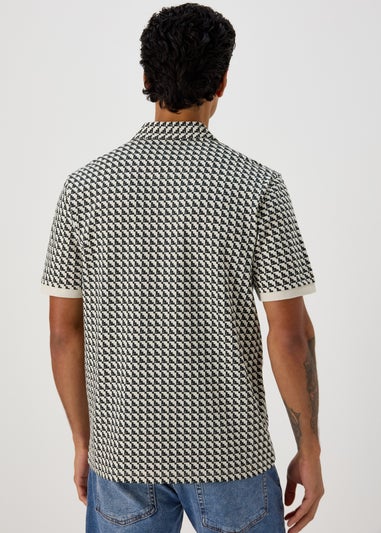Ecru Stairs Grid Pattern Polo T-Shirt