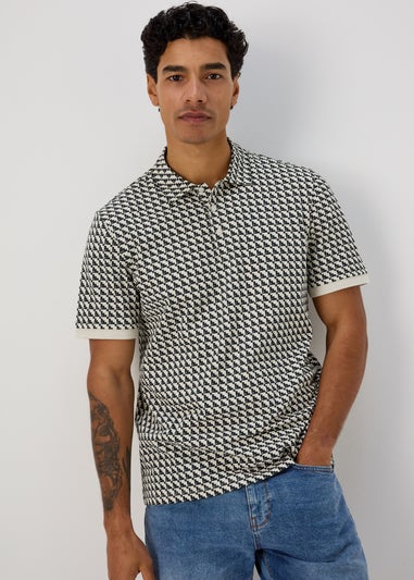 Ecru Stairs Grid Pattern Polo T-Shirt