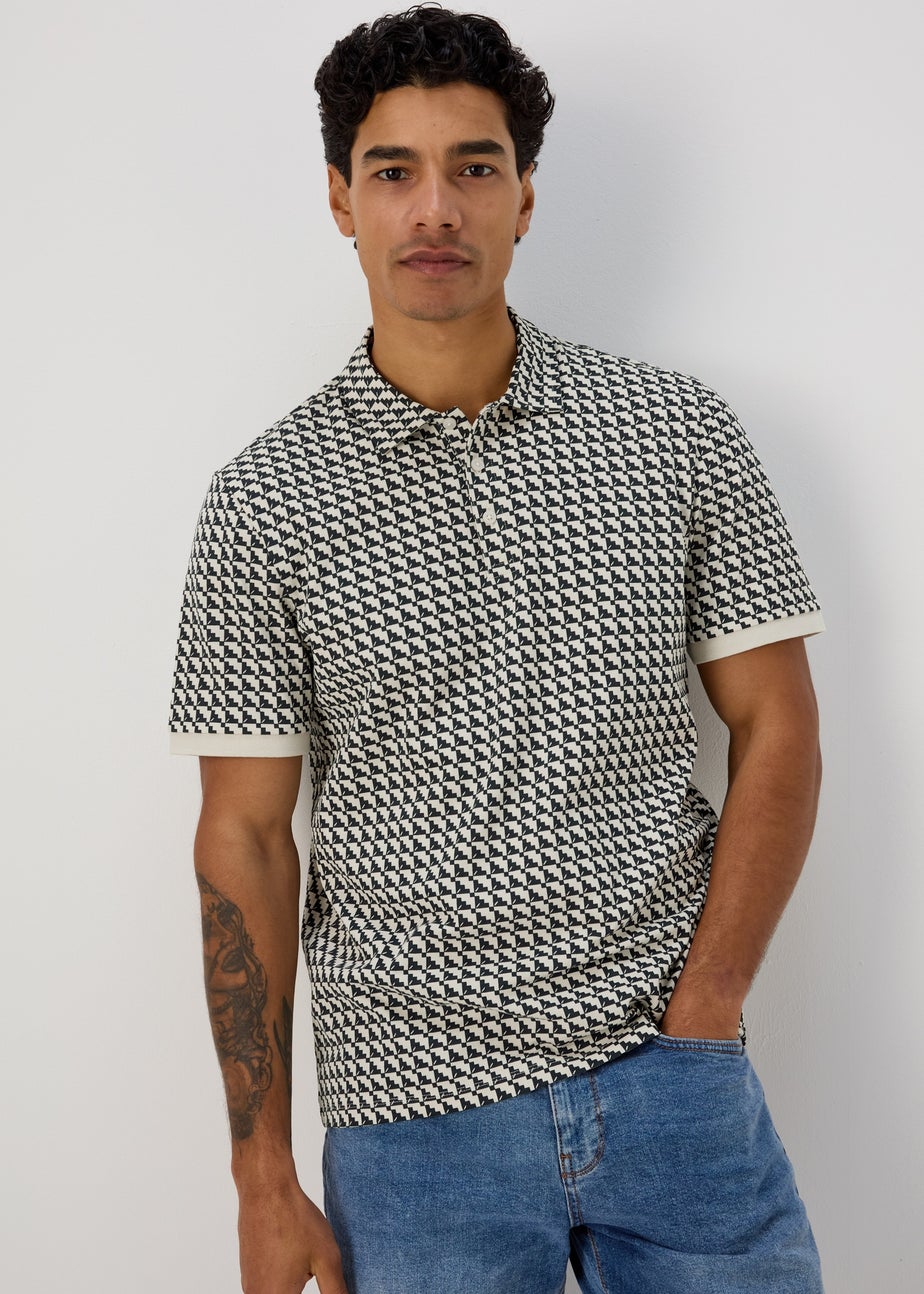 Ecru Stairs Grid Pattern Polo T-Shirt