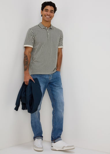 Ecru Stairs Grid Pattern Polo T-Shirt