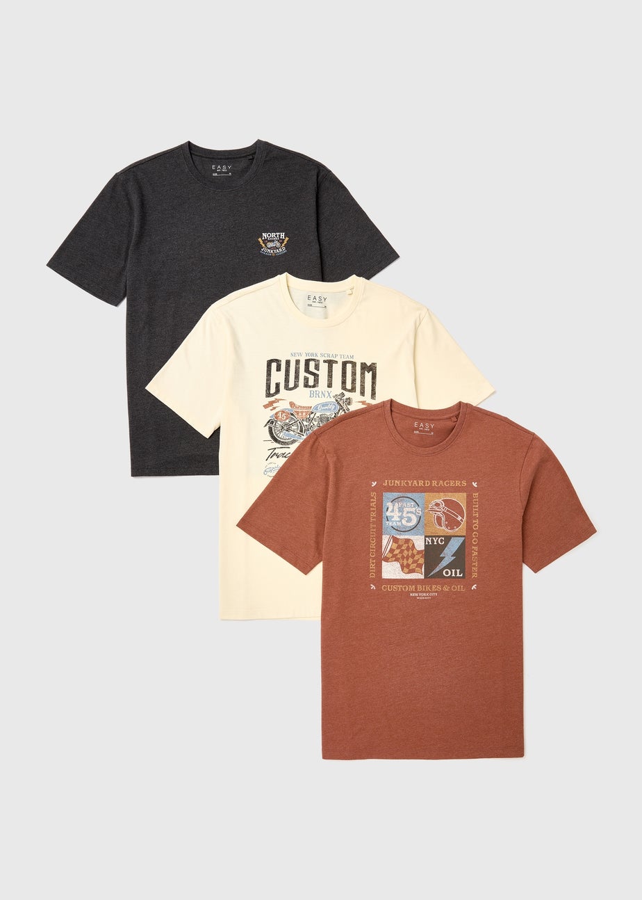 3 Pack Ecru/Tan/Charcoal Motorbike Print T-Shirts