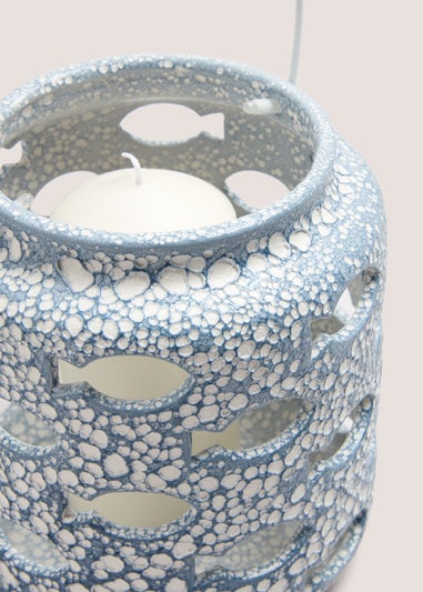Blue Fish Embroidered Cut Out Lantern (21cm x 19cm x 19cm)