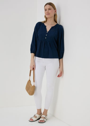 Navy 3/4 Sleeve Ladder Detail Top