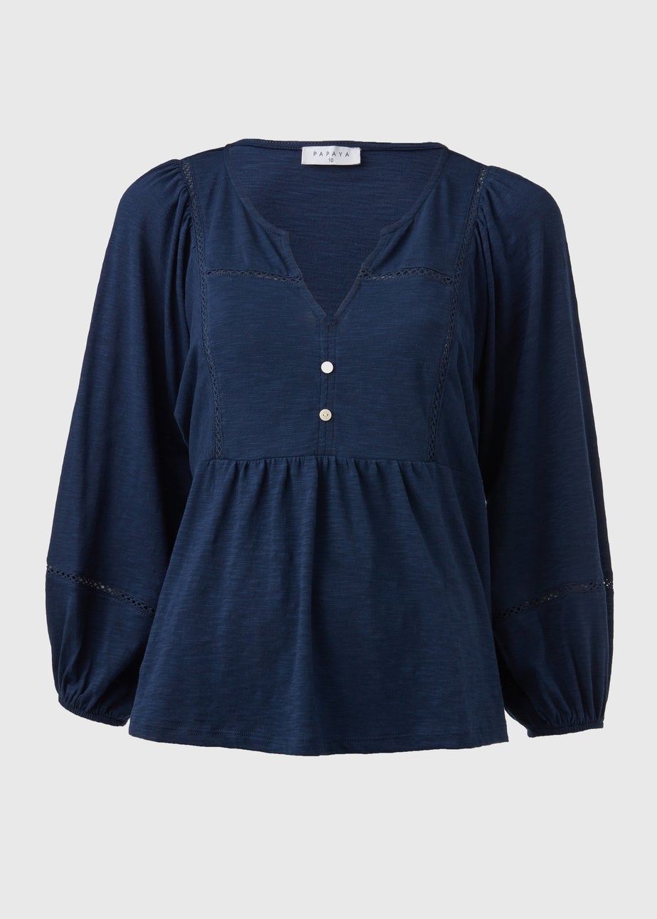 Navy 3/4 Sleeve Ladder Detail Top