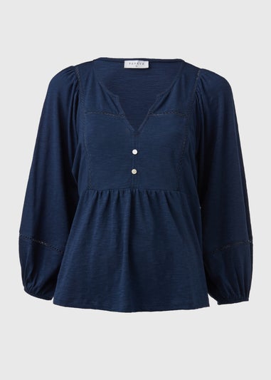 Navy 3/4 Sleeve Ladder Detail Top