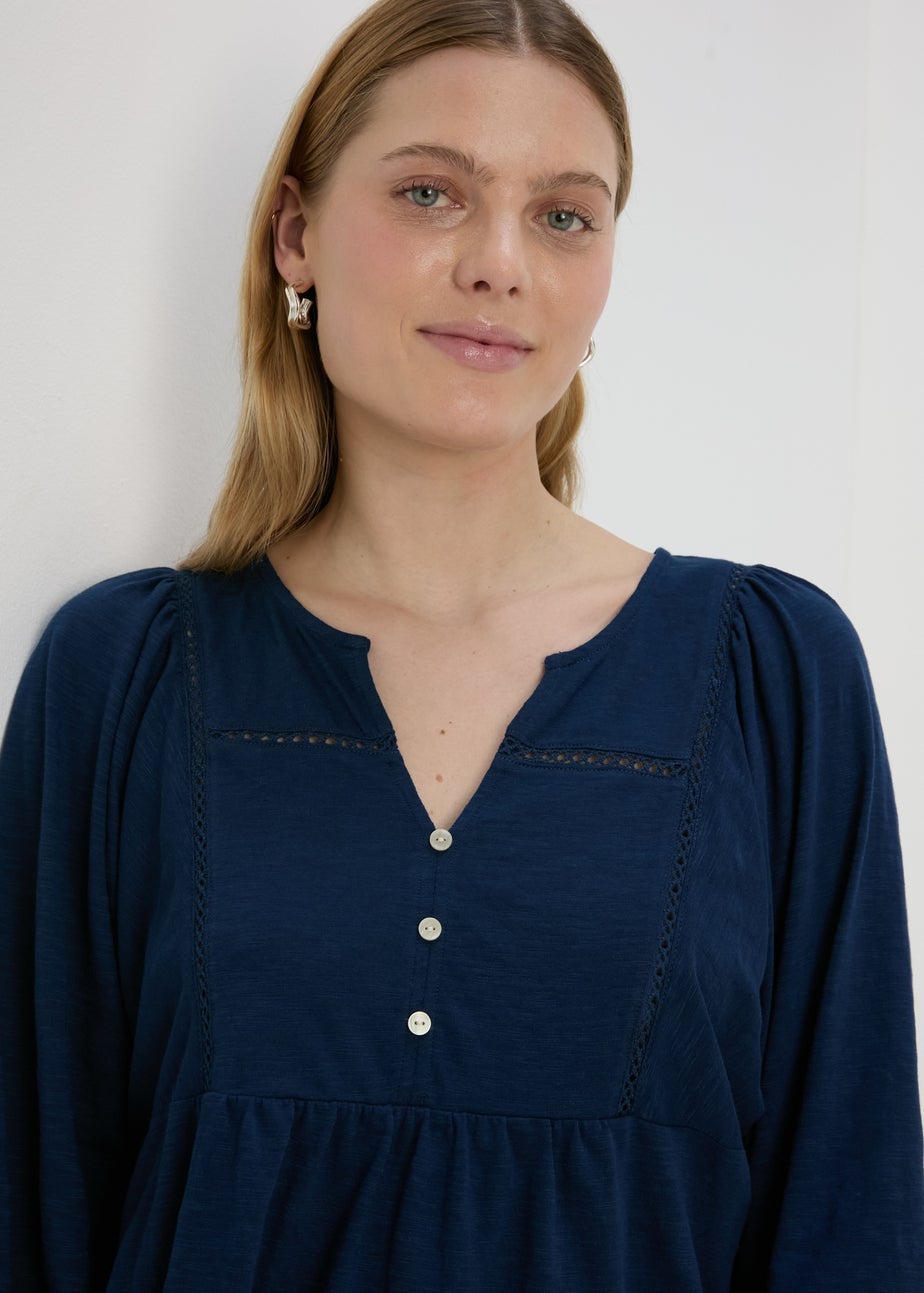 Navy 3/4 Sleeve Ladder Detail Top
