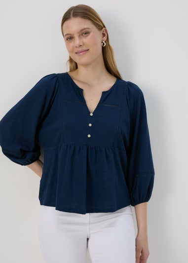 Navy 3/4 Sleeve Ladder Detail Top