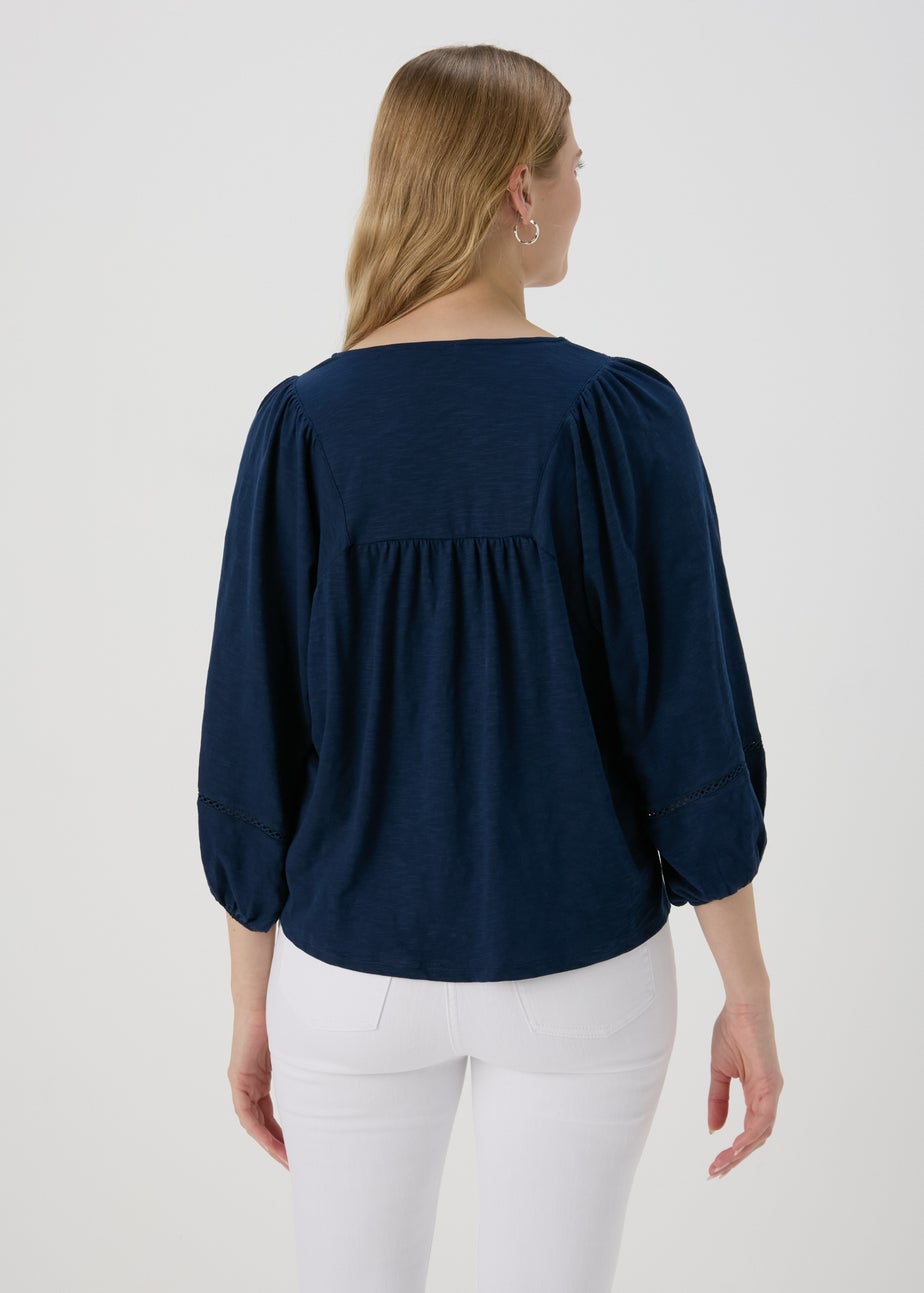 Navy 3/4 Sleeve Ladder Detail Top