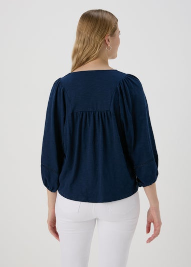 Navy 3/4 Sleeve Ladder Detail Top