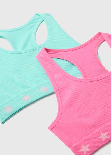 Girls 2 Pack Pink & Blue Racer Back Ribbed Crop Tops (6-13yrs)