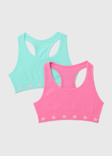 Girls 2 Pack Pink & Blue Racer Back Ribbed Crop Tops (6-13yrs)