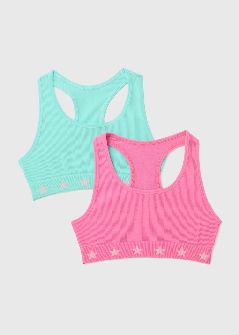 Girls 2 Pack Pink & Blue Racer Back Ribbed Crop Tops (6-13yrs)