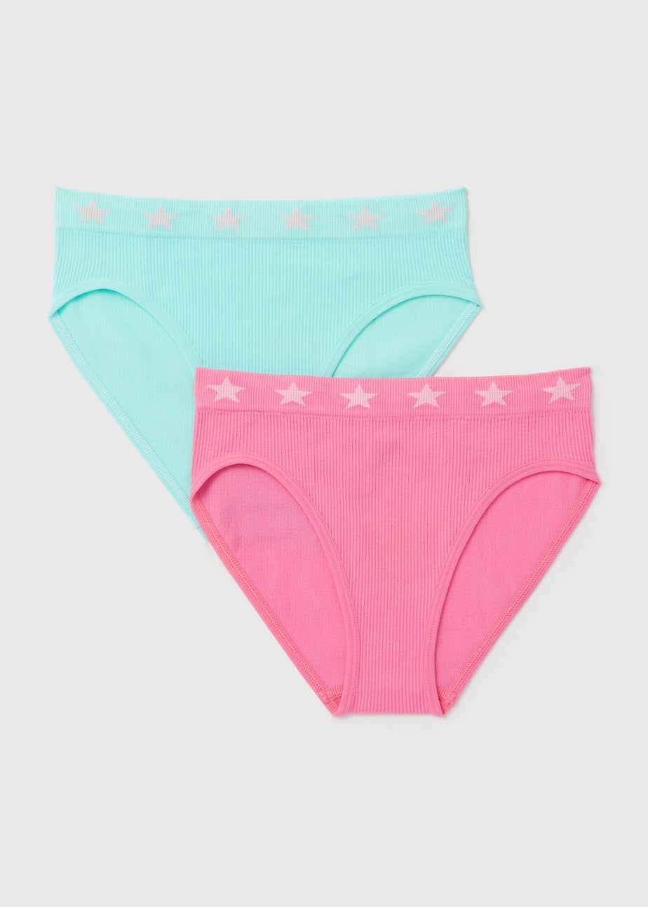 Girls 2 Pack Pink & Blue Ribbed Briefs (6-13yrs)