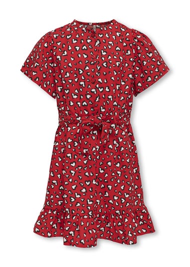 ONLY Girls Red Kogpalma Heart Print Dress (6-13yrs)