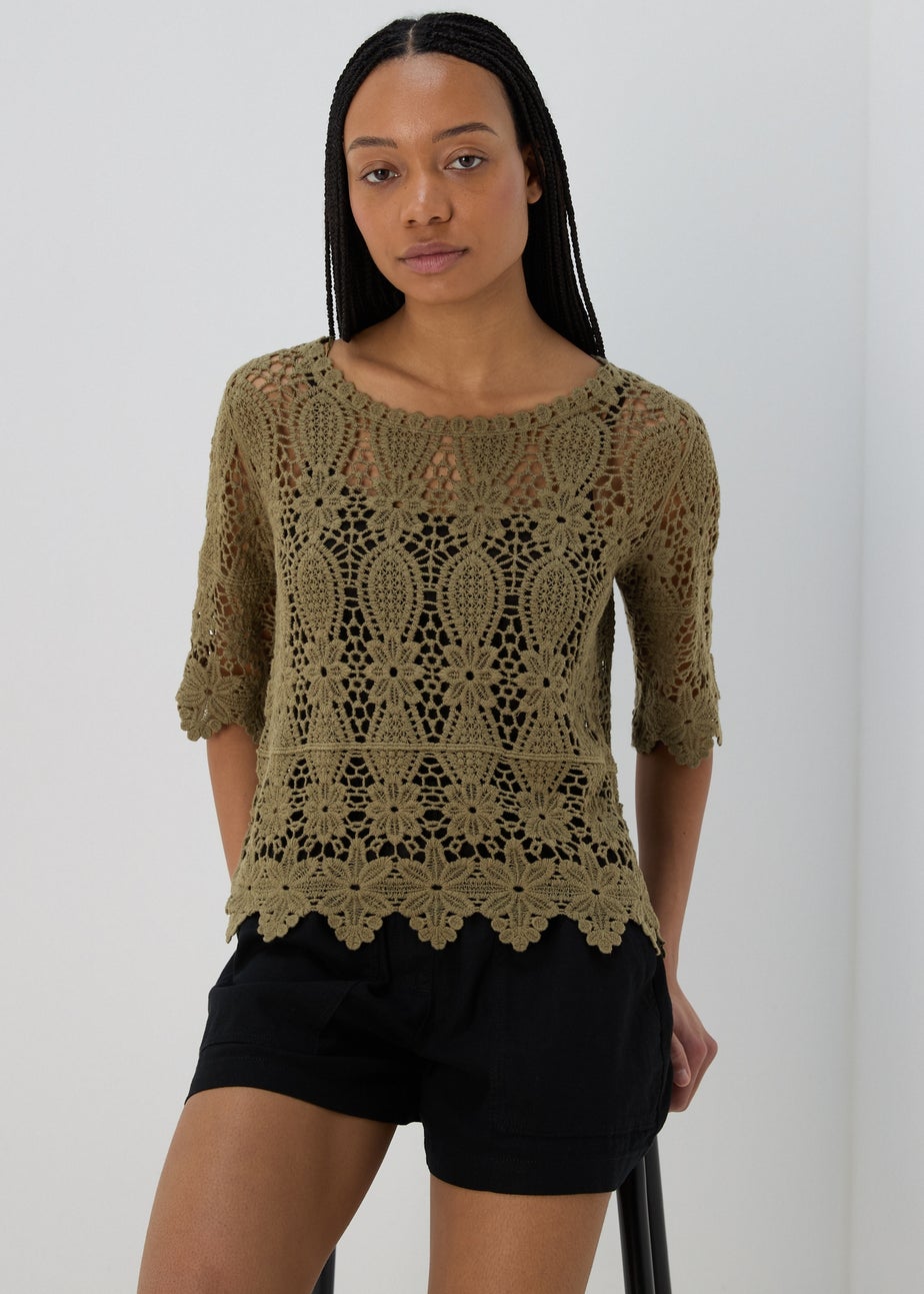 Khaki Crochet Lace Top