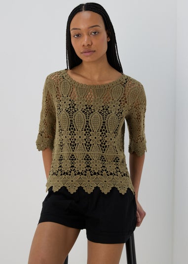 Khaki Crochet Lace Top