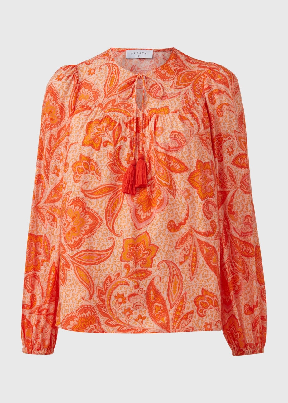 Papaya Petite Orange Tassel Boho Blouse