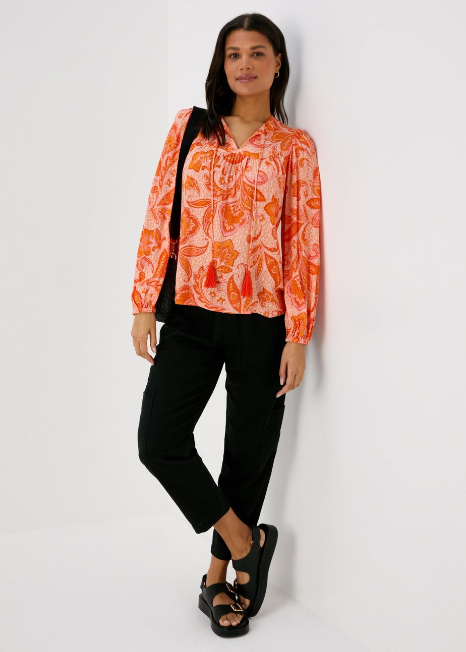 Papaya Petite Orange Tassel Boho Blouse