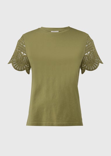 Khaki Crochet Sleeve T-Shirt