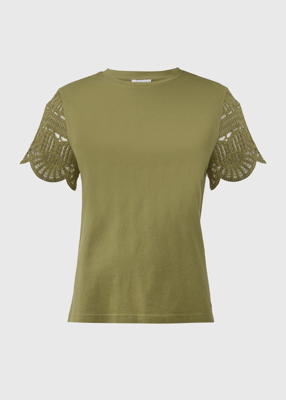 Khaki Crochet Sleeve T-Shirt