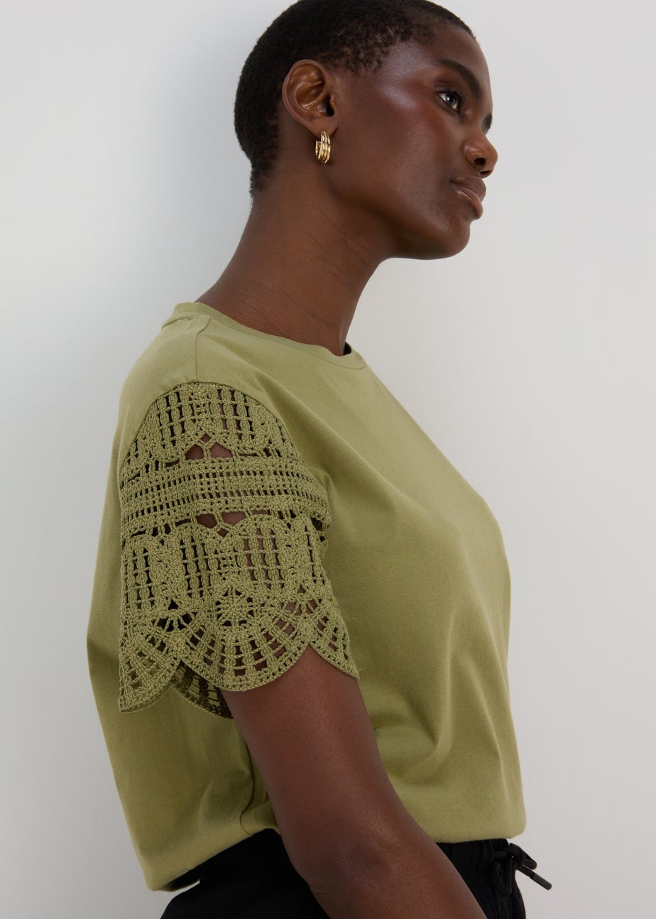 Khaki Crochet Sleeve T-Shirt